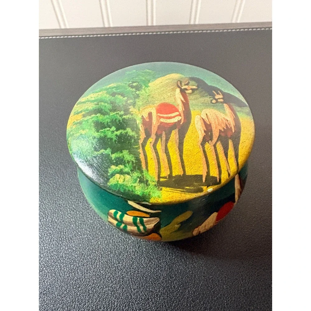 Vintage Hand Painted Wooden Trinket Box Llama Folk‎ Art Mountain Scene Round Lid